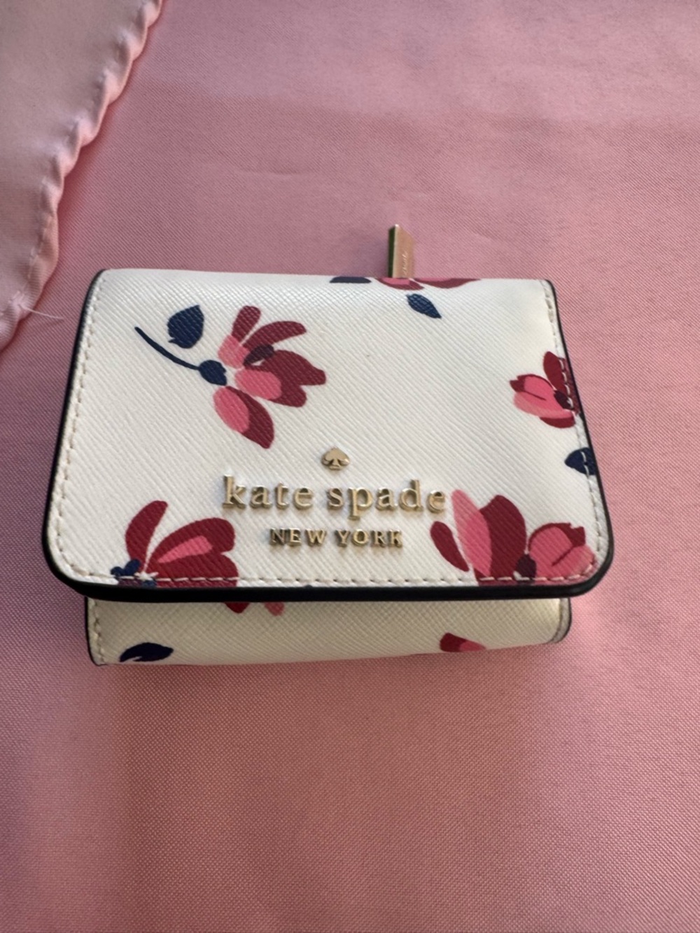 kate spade Cream Floral Compact Wallet with Pink and Burgundy Blooms